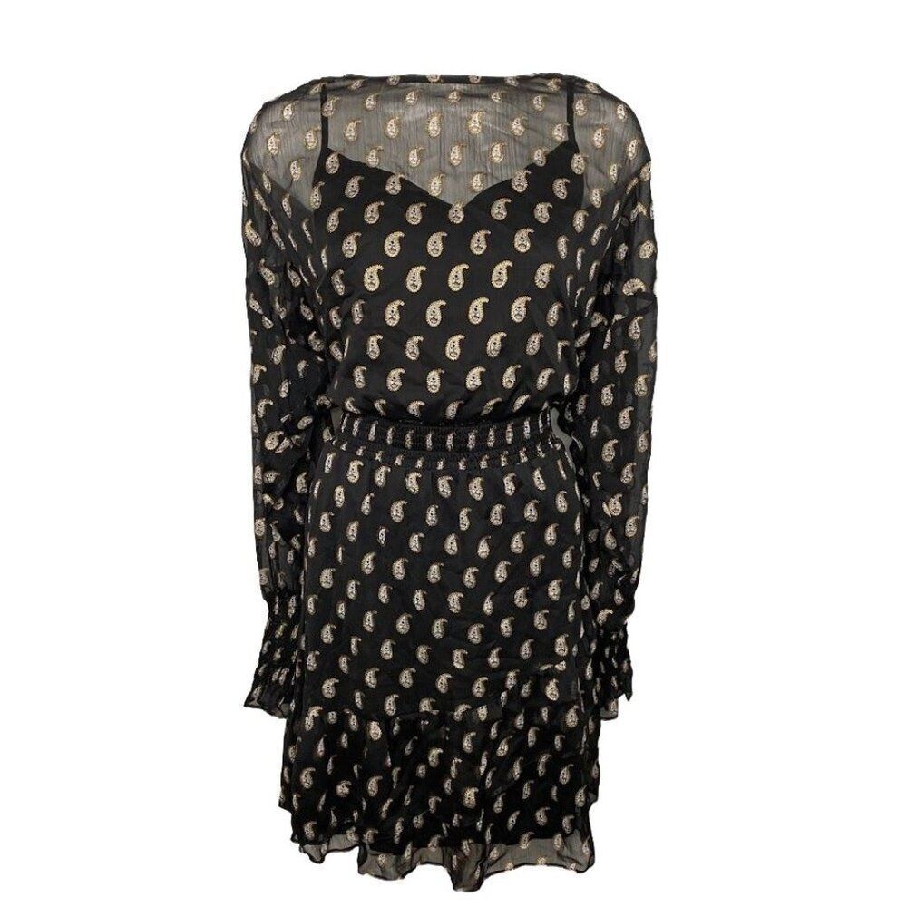 INC Dress Women's LARGE Black Gold Paisley Long-Sleeve Sheer-Overlay NEW‎